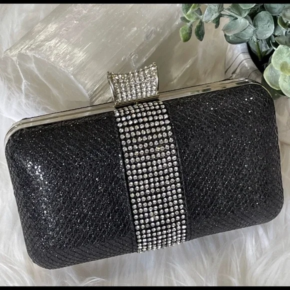 CRYSTAL ENCRUSTED EVENING BAG beaded EVENING BAG black w chain TIMELESS CLASSIC - Picture 7 of 10